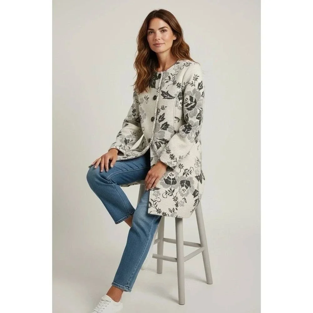 Lucy & Laurel Wool Blend Floral Jacquard Longline Cardigan Sweater Black White M